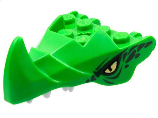 Dragon Head (Ninjago) Jaw with Large Spike and 2 Bar Handles on Back with Yellow Eyes, Dark Green Scales, and White Teeth Pattern