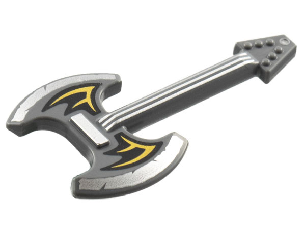 Minifigure, Utensil Musical Instrument, Guitar Electric Axe with Silver Blades and Strings, Black and Gold Bat Wings Pattern