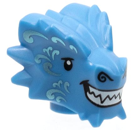 Minifigure, Head, Modified Dragon with Black Eyes and Nostrils, Metallic Light Blue Filigree, White Sharp Teeth Pattern