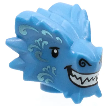Minifigure, Head, Modified Dragon with Black Eyes and Nostrils, Metallic Light Blue Filigree, White Sharp Teeth Pattern