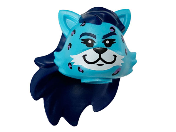 Minifigure, Head, Modified Cat with Long Dark Blue Hair, Black and Medium Lavender Rosettes Pattern