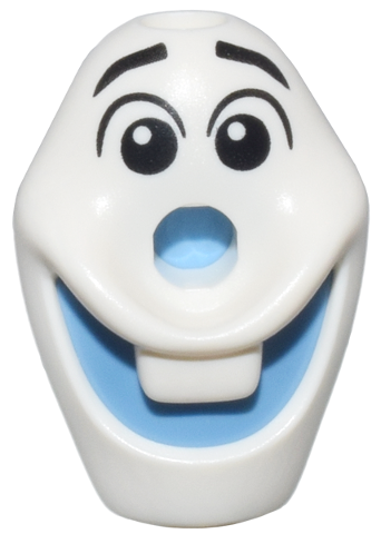 Minifigure, Head, Modified Olaf with Hole on Top with Molded Medium Blue Mouth and Nose and Printed Black Raised Eyebrows and Eyes with  Glints to Right Pattern