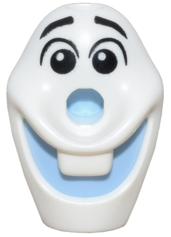 Minifigure, Head, Modified Olaf with Hole on Top with Molded Bright Light Blue Mouth and Nose and Printed Black Raised Eyebrows and Eyes with Glints to Right Pattern
