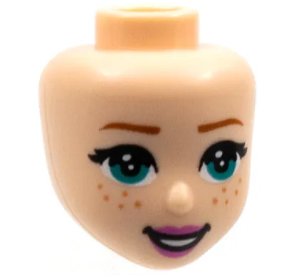 Mini Doll, Head Friends with Dark Orange Eyebrows and Freckles, Dark Turquoise Eyes, Black Mouth with Dark Pink Lips and Wide Open Mouth Smile with Teeth Pattern