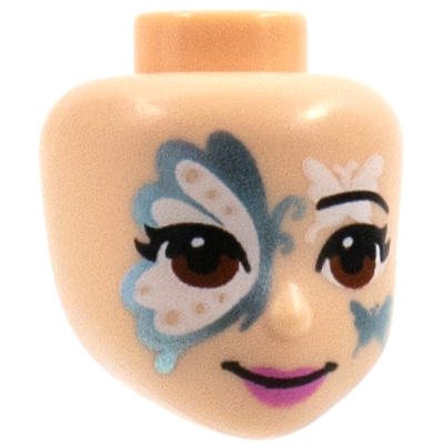 Mini Doll, Head Friends with Black Eyebrow, Metallic Light Blue and White Butterfly Face Paint, Reddish Brown Eyes, Dark Pink Lips Pattern
