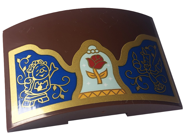 Slope, Curved 6 x 4 Double with Red Rose, Bright Light Orange and Light Aqua Bell, Gold Frame, Cogsworth and Lumière {Lumiere} on Blue Background Pattern (Sticker) - Set 43227