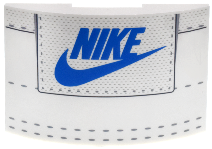 Slope, Curved 6 x 4 Double with Blue 'NIKE' and Swoosh Logo, Light Bluish Gray Dots and Stitching Pattern