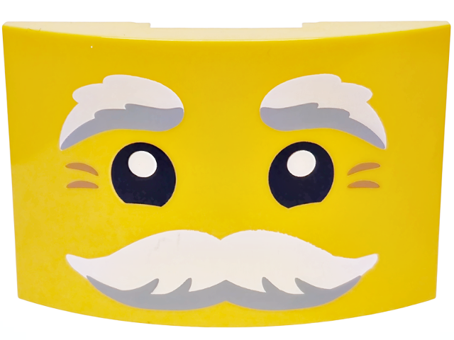 Slope, Curved 6 x 4 Double with Black Eyes, White and Light Bluish Gray Bushy Eyebrows and Moustache, Medium Nougat Crow's Feet Pattern (Santa Face)