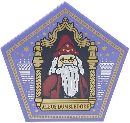 Tile, Modified 5 x 5 Pentagonal Raised with 2 x 2 Round Base with HP Chocolate Frog Card Albus Dumbledore Pattern