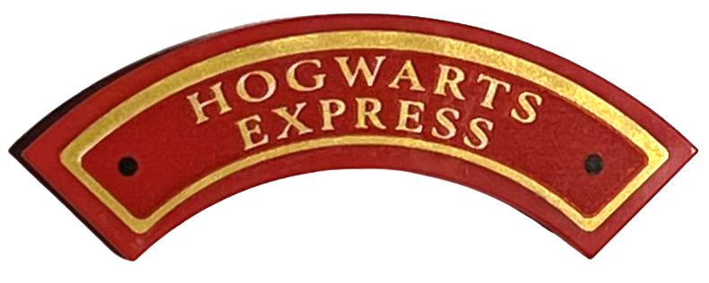 Tile, Round Corner 3 x 3 Macaroni with Gold 'HOGWARTS EXPRESS', Border, and Black Circles Pattern (Sticker) - Set 76405