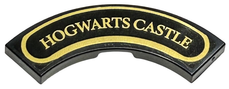 Tile, Round Corner 3 x 3 Macaroni with Gold 'HOGWARTS CASTLE' and Border Pattern (Sticker) - Set 76423