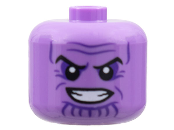 Minifigure, Head, Modified Giant Black Eyebrows, Dark Purple Eye Shadow, Wrinkles, and Chin Lines, Furrowed Brow, Open Mouth Smile with Teeth Pattern