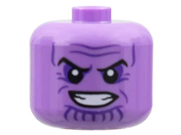 Minifigure, Head, Modified Giant Black Eyebrows, Dark Purple Eye Shadow, Wrinkles, and Chin Lines, Furrowed Brow, Open Mouth Smile with Teeth Pattern