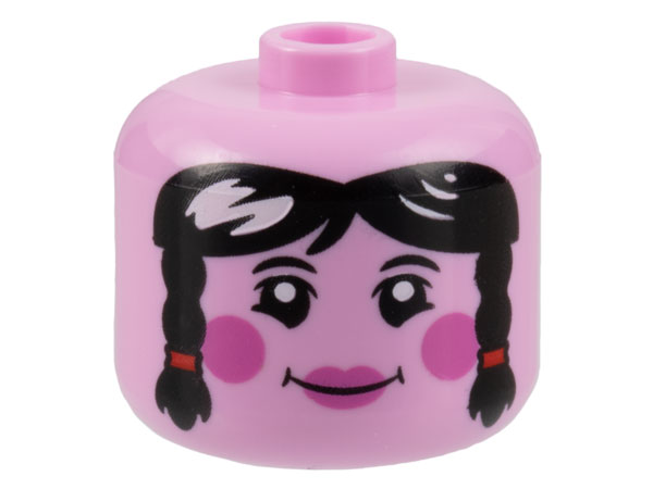 Minifigure, Head, Modified Giant Female Black Eyebrows and Hair with Braids, Dark Pink Circles on Cheeks and Lips, Grin Pattern
