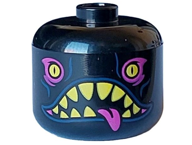Minifigure, Head, Modified Giant Yellow Eyes with Slit Pupils, Magenta Eye Shadow, Open Mouth with Sharp Teeth and Tongue Pattern