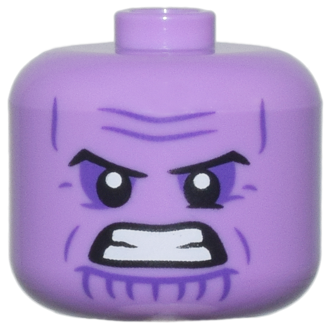 Minifigure, Head, Modified Giant Black Eyebrows, Dark Purple Eye Shadow, Wrinkles, and Chin Lines, Furrowed Brow, Bared Teeth Pattern