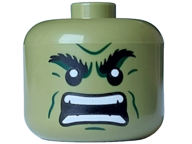 Minifigure, Head, Modified Giant Black Bushy Eyebrows, Dark Green Cheek Lines, Chin Dimple, and Furrowed Brow, Angry Open Mouth with Teeth Parted Pattern