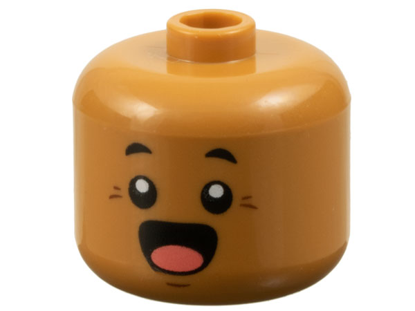 Minifigure, Head, Modified Giant Black Eyebrows, Reddish Brown Chin Dimple and Crow's Feet, Surprised Open Mouth with Coral Tongue Pattern