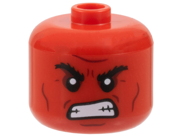 Minifigure, Head, Modified Giant Black Bushy Eyebrows, Dark Red Cheek Lines, Chin Dimple, and Furrowed Brow, Open Mouth Gritted Teeth Pattern