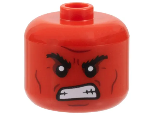Minifigure, Head, Modified Giant Black Bushy Eyebrows, Dark Red Cheek Lines, Chin Dimple, and Furrowed Brow, Open Mouth Gritted Teeth Pattern