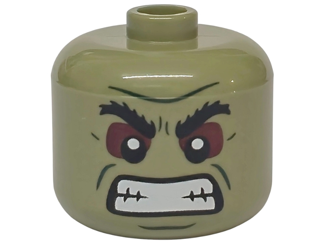 Minifigure, Head, Modified Giant Black Bushy Eyebrows, Dark Green Cheek Lines, Chin Dimple, and Furrowed Brow, Dark Red Eye Shadow, Open Mouth with Clenched Teeth Pattern