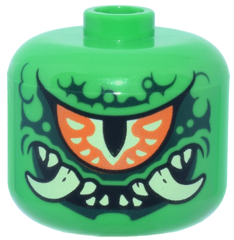 Minifigure, Head, Modified Giant Orange Eye, Yellowish Green Fangs, Dark Green Skin Wrinkles Pattern