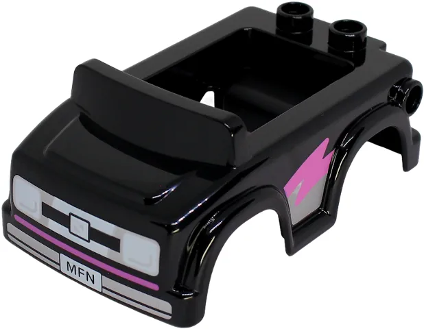 Duplo Car Body with 2 Studs on Back, Windshield and Hitch with Silver Grille and Bumper, White Headlights and 'MFN' License Plate, Dark Pink Zig Zag on Sides Pattern