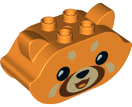 Duplo, Brick 2 x 5 x 2 1/2 Pointed Ends, Ears on Sides with Black Eyes and Nose, Reddish Brown Mouth, and Tan Muzzle and Spots, Red Panda Head Pattern