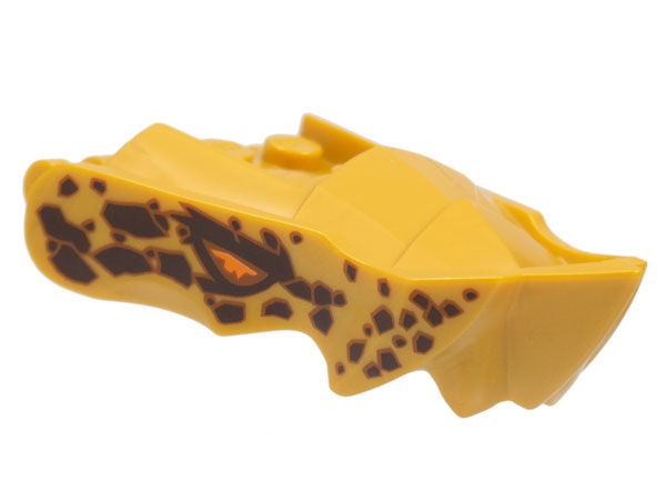 Dragon Head (Ninjago) Jaw with Small Spikes and 2 Bar Handles on Back with Orange Eyes and Dark Brown Spots Pattern