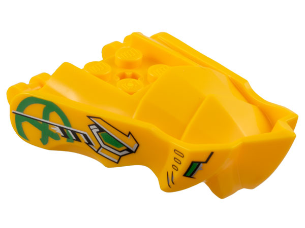 Dragon Head (Ninjago) Jaw with Small Spikes and 2 Bar Handles on Back with Green Eyes and Nostrils with Black and Silver Trim, Ninjago Logogram Letter A in Circle Pattern