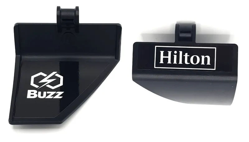 Technic, Panel Curved #71 5 x 4 x 3 Tapered Left with White 'Hilton' on Outside and 'Buzz' on Inside Pattern (Stickers) - Set 42141 (First Version)