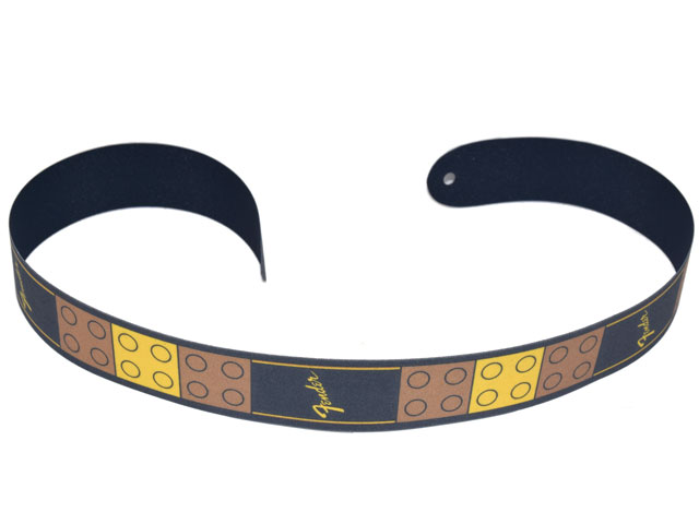 Cloth Guitar Strap with 2 Holes and Yellow 'Fender' Logos, Dark Tan and Yellow 2 x 2 Plates Pattern