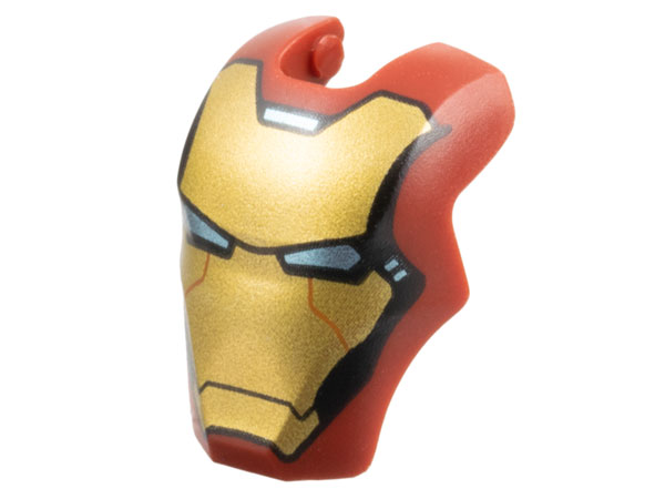 Minifigure, Visor Top Hinge Large with Gold Face Shield, Metallic Light Blue Eyes, Black Trim on Cheeks, Dark Orange Lines Pattern (Iron Man Model 64)