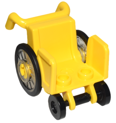 Minifigure, Utensil Wheelchair with Open Sides and High Arm Rests with Trans-Clear Wheelchair Wheels with Technic Pin Hole and Black Trolley Wheels (80440 / 80441pb01 / 2496)