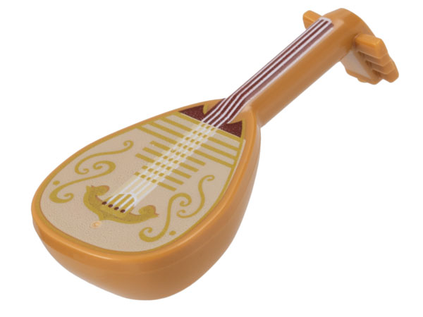 Minifigure, Utensil Musical Instrument, Lute with Dark Red Neck, White Strings, and Tan Body with Gold Filigree Trim Pattern