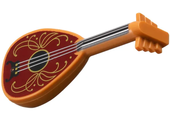 Minifigure, Utensil Musical Instrument, Lute with Black Neck, Silver Strings, and Dark Red Body with Gold Filigree Trim Pattern