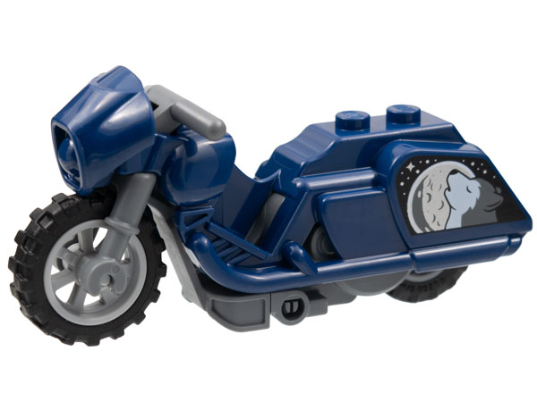 Stuntz Flywheel Motorcycle Touring Bike with Dark Bluish Gray Frame, Light Bluish Gray Wheels, and Dark Bluish Gray Handlebars with Howling Wolf, Moon, and Stars Pattern