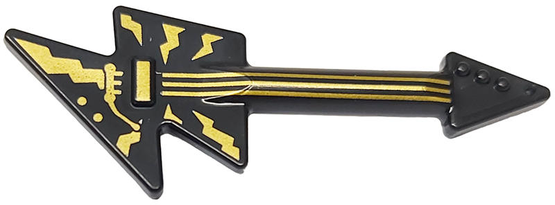 Minifigure, Utensil Musical Instrument, Guitar Electric Lightning Bolt with Gold Strings, Bridge, Whammy Bar and Lightning Bolts Pattern