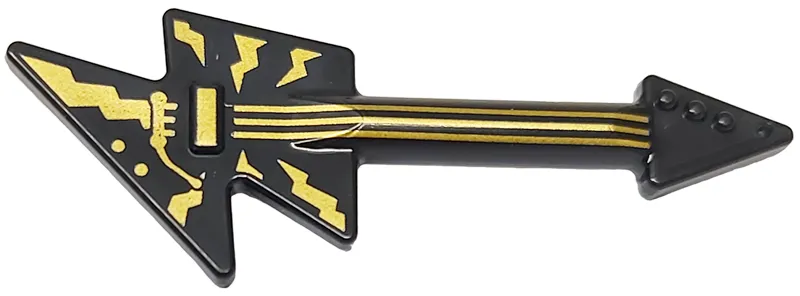 Minifigure, Utensil Musical Instrument, Guitar Electric Lightning Bolt with Gold Strings, Bridge, Whammy Bar and Lightning Bolts Pattern