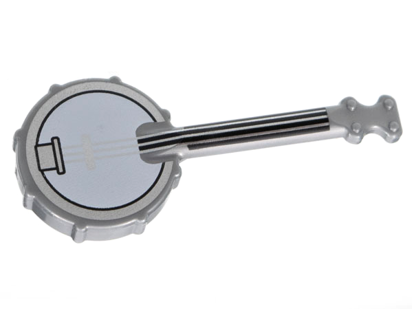 Minifigure, Utensil Musical Instrument, Banjo with Black Neck, White Body, Silver Strings and Rim Pattern