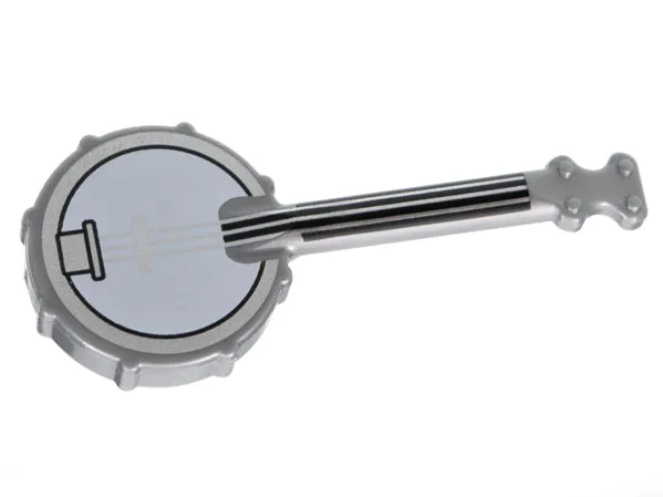 Minifigure, Utensil Musical Instrument, Banjo with Black Neck, White Body, Silver Strings and Rim Pattern