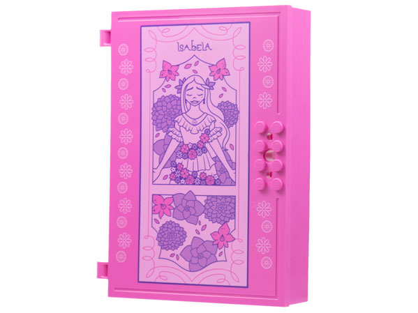 Container, Book Cover Half, 16 x 12 x 2 2/3 with Lock Compartment (Storybook Adventures) with 'ISABELA' and Flowers, Bright Pink Panel Pattern