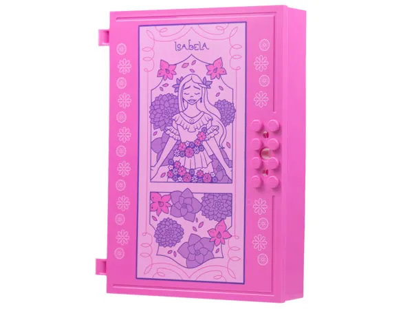 Container, Book Cover Half, 16 x 12 x 2 2/3 with Lock Compartment (Storybook Adventures) with 'ISABELA' and Flowers, Bright Pink Panel Pattern