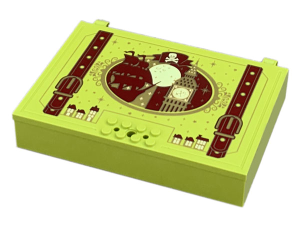 Container, Book Cover Half, 16 x 12 x 2 2/3 with Lock Compartment (Storybook Adventures) with Reddish Brown Straps and Ship, Gold Trim and Big Ben Pattern