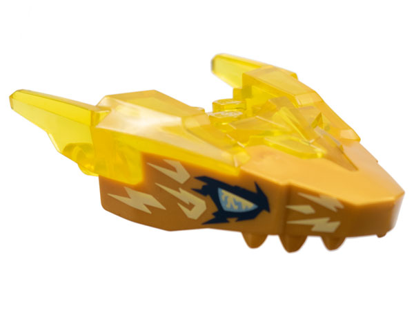 Dragon Head (Ninjago) Jaw Upper with Horns with Molded Pearl Gold Face and Printed Metallic Light Blue Eyes and Bright Light Yellow Electricity Pattern