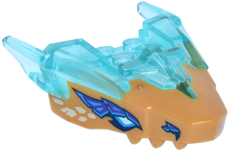 Dragon Head (Ninjago) Jaw Upper with Horns with Molded Pearl Gold Face and Printed Light Aqua and Dark Azure Eyes, Dark Purple Rock Eyebrows and Nostrils, Tan Scales Pattern