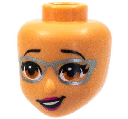 Mini Doll, Head Friends with Dark Orange Eyes and Metallic Light Blue Glasses, Magenta Lips, and Lopsided Open Mouth Pattern