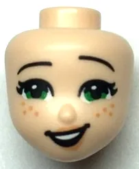 Mini Doll, Head Friends with Green Eyes, Black Eyebrows, Open Mouth Lopsided Smile and Freckles Pattern