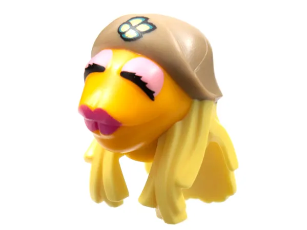 Minifigure, Head, Modified Muppet Janice with Dark Tan Hat, Bright Light Yellow Hair Pattern