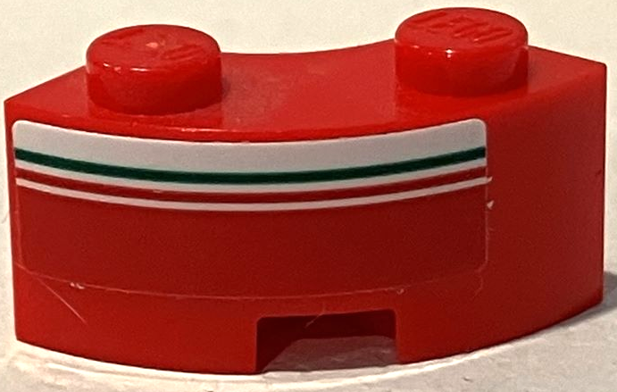 Brick, Round Corner 2 x 2 Macaroni with Stud Notch and Reinforced Underside with Red and Green Lines on White Stripe Pattern Model Left Side (Sticker) - Set 75889